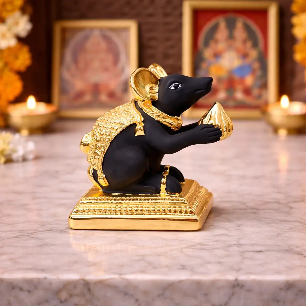 Gold-Plated Mushak (Mooshak) Mouse Idol with Modak | Black Terracotta Finish | Ganesha Vahana