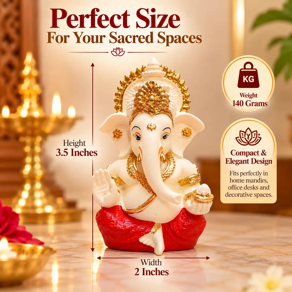 Gold Art India Lord Ganesha Idol with Golden Mukut | Peach Ivory Finish & Red Dhoti Ganpati Murti for Home Temple, Car Dashboard, Office Desk & Gifting (3.5 Inch)