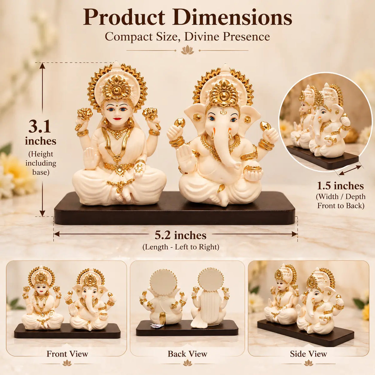 Product dimensions and specifications for Lakshmi Ganesh Peach Ivory Idol set