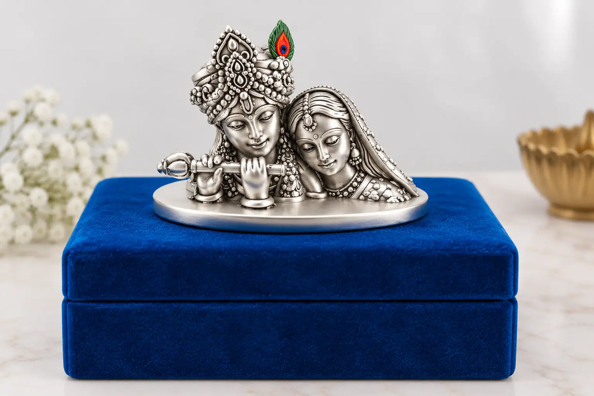 Radha Krishna Silver Plated Idol | Beautifully Crafted Hindu God Statue for Home Temple, Office & Gifting