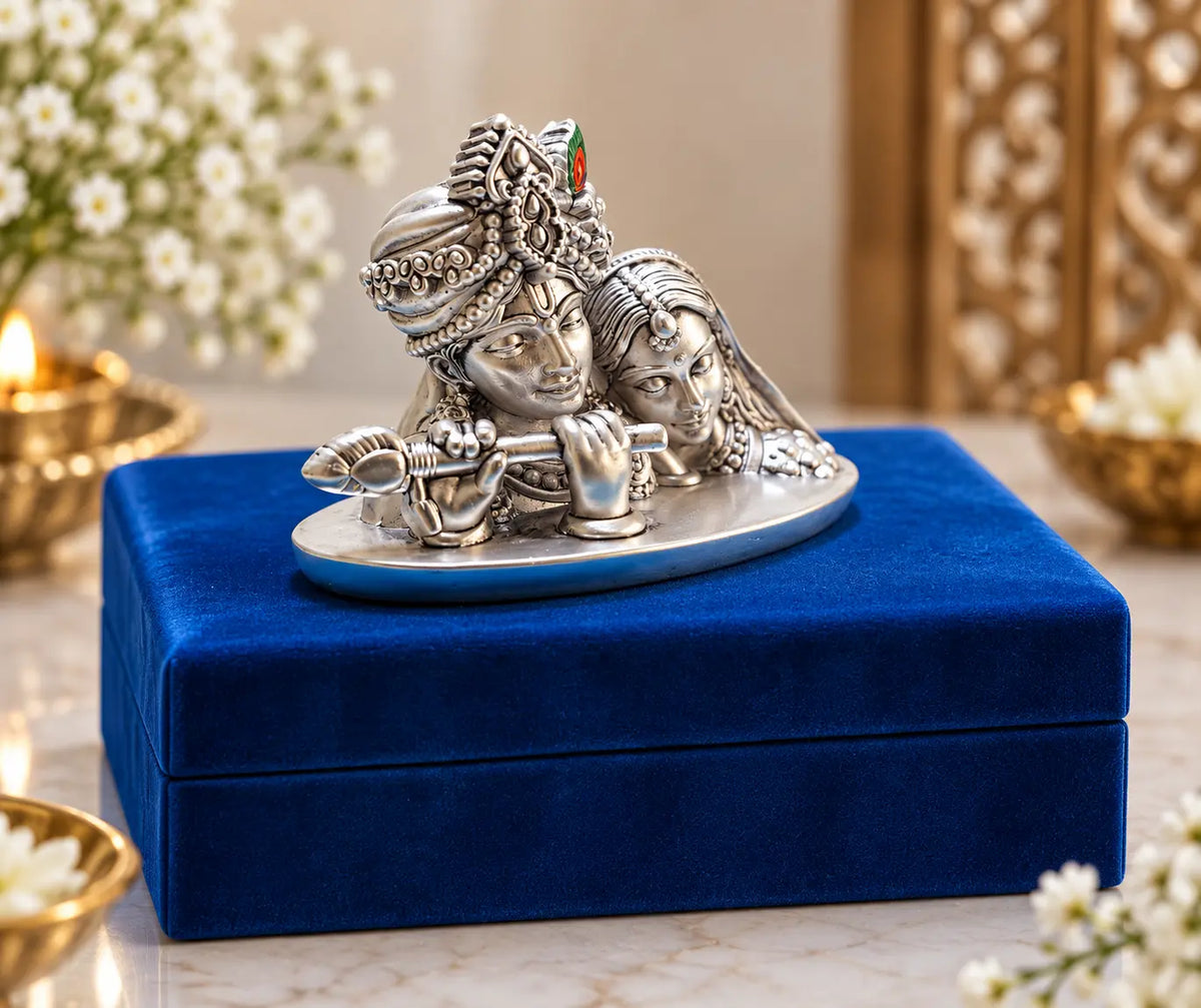 Radha Krishna Silver Plated Idol | Beautifully Crafted Hindu God Statue for Home Temple, Office & Gifting