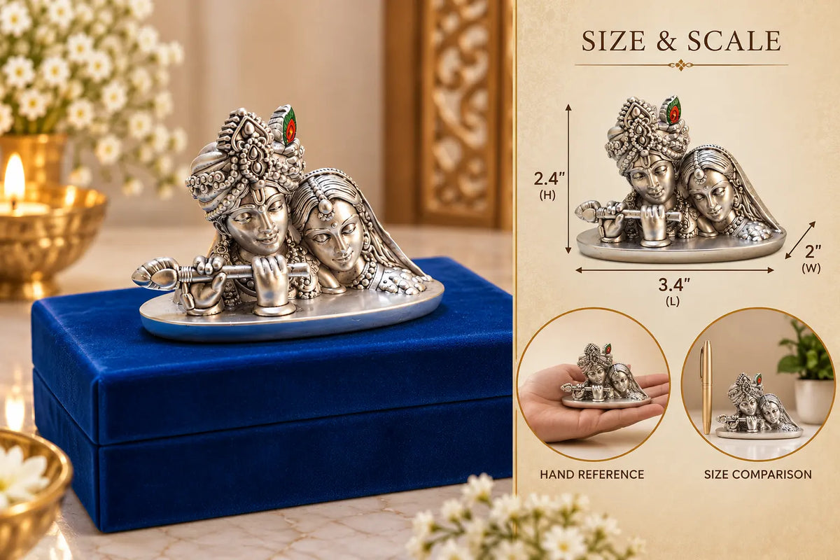 Radha Krishna Silver Plated Idol | Beautifully Crafted Hindu God Statue for Home Temple, Office & Gifting