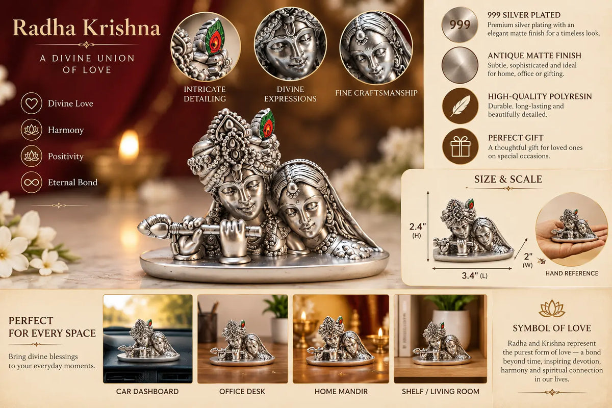 Radha Krishna Silver Plated Idol | Beautifully Crafted Hindu God Statue for Home Temple, Office & Gifting