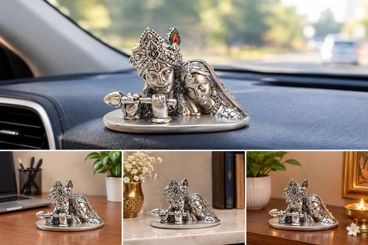 Radha Krishna Silver Plated Idol | Beautifully Crafted Hindu God Statue for Home Temple, Office & Gifting