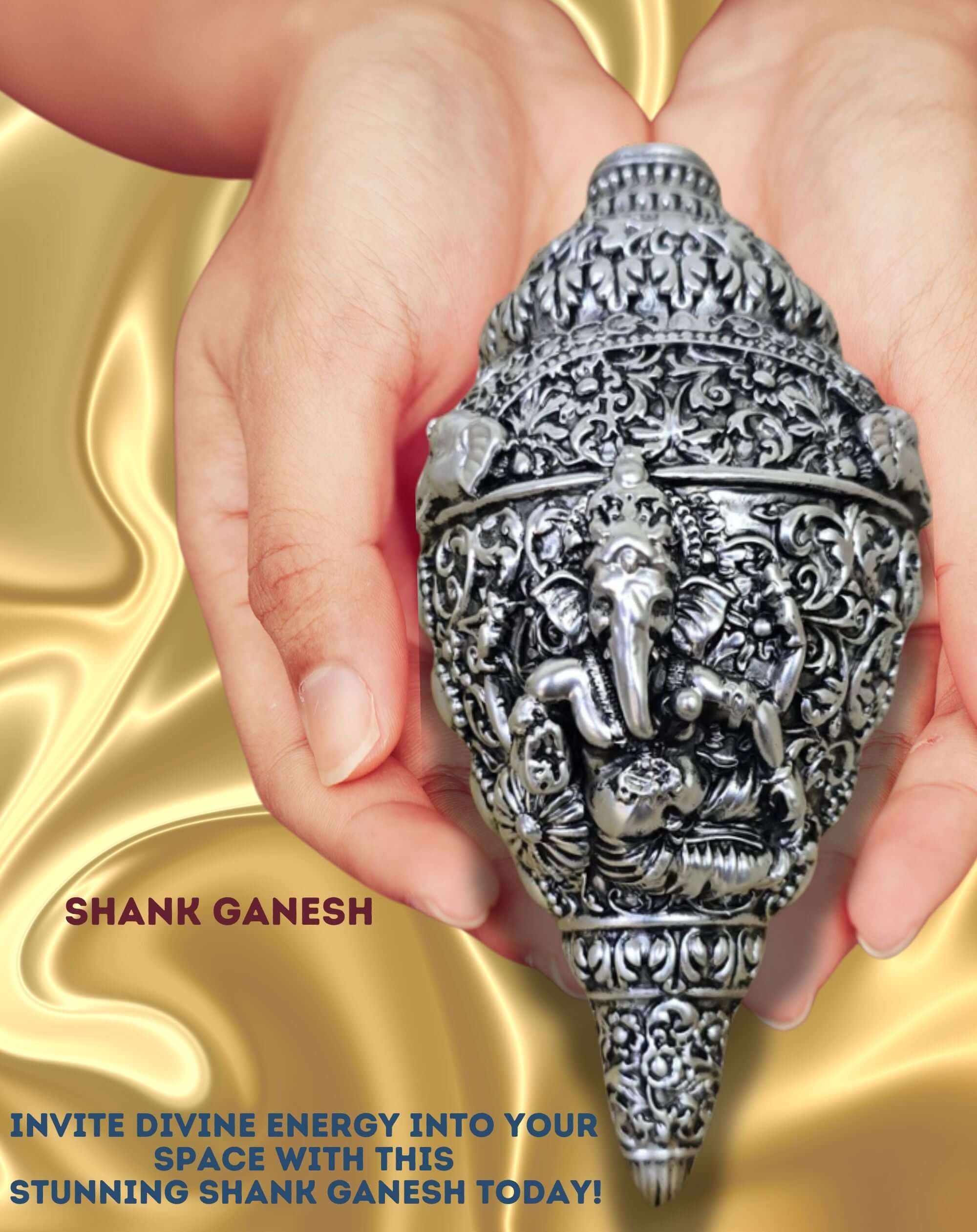 Silver-plated sacred conch shell (shankha) with an intricate carving of Lord Ganesha, held in hand for scale