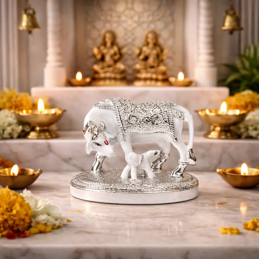 Kamdhenu cow with calf idol – white and silver plated, angled view – Gold Art India