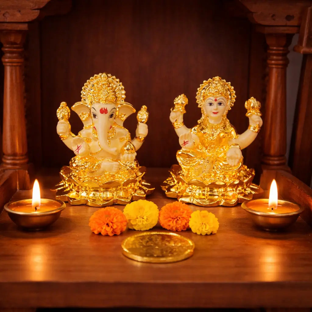 Laxmi Ganesh gold plated off-white terracotta idol – 2.8 inch, offering display – Gold Art India