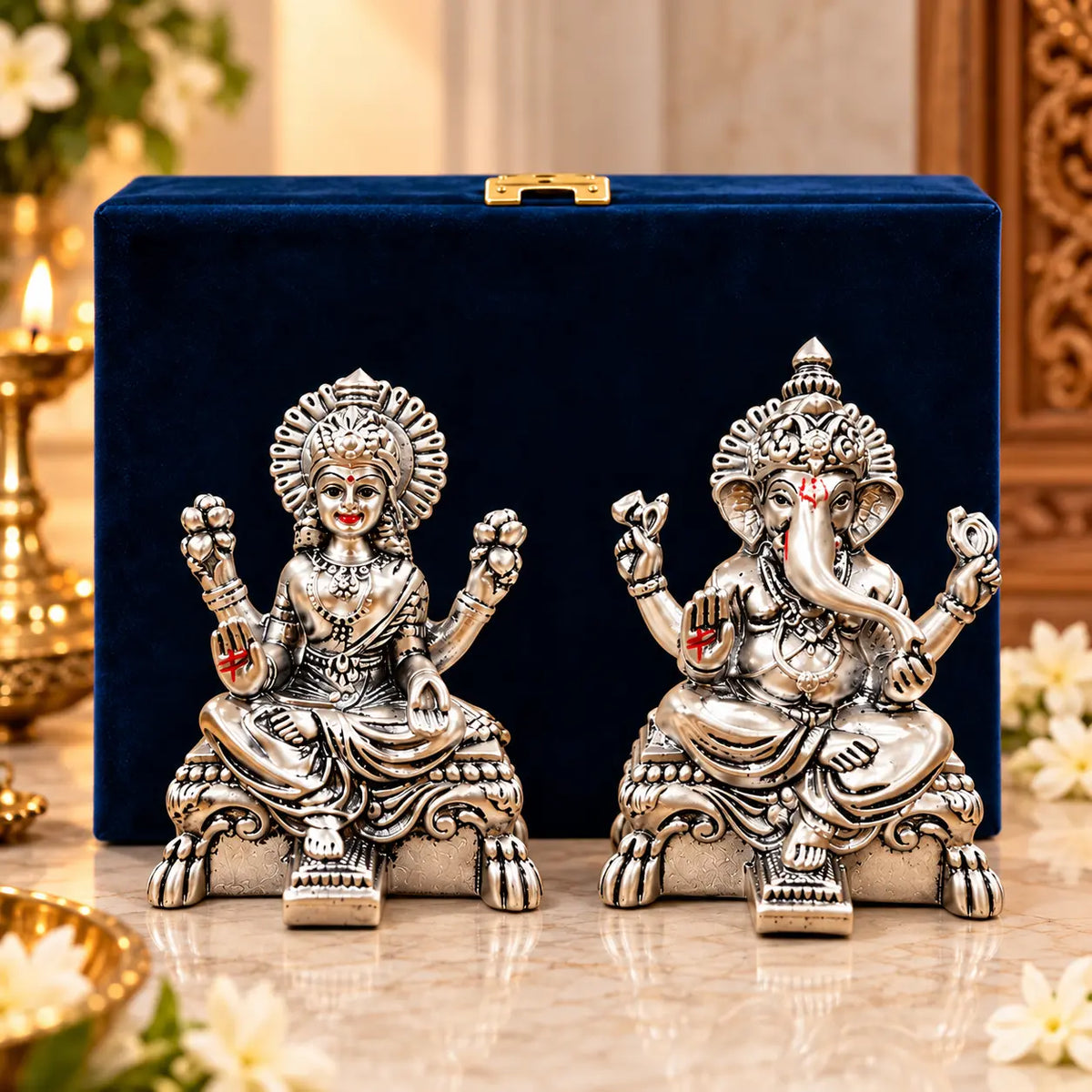 Gold Art India Peeth Lakshmi Ganesha Idol Set with Premium Velvet Gift Box | Silver Antique Matte Laxmi Ganesh Murti for Home Temple, Office Desk, Diwali Puja & Spiritual Gifting (3.4 Inch)