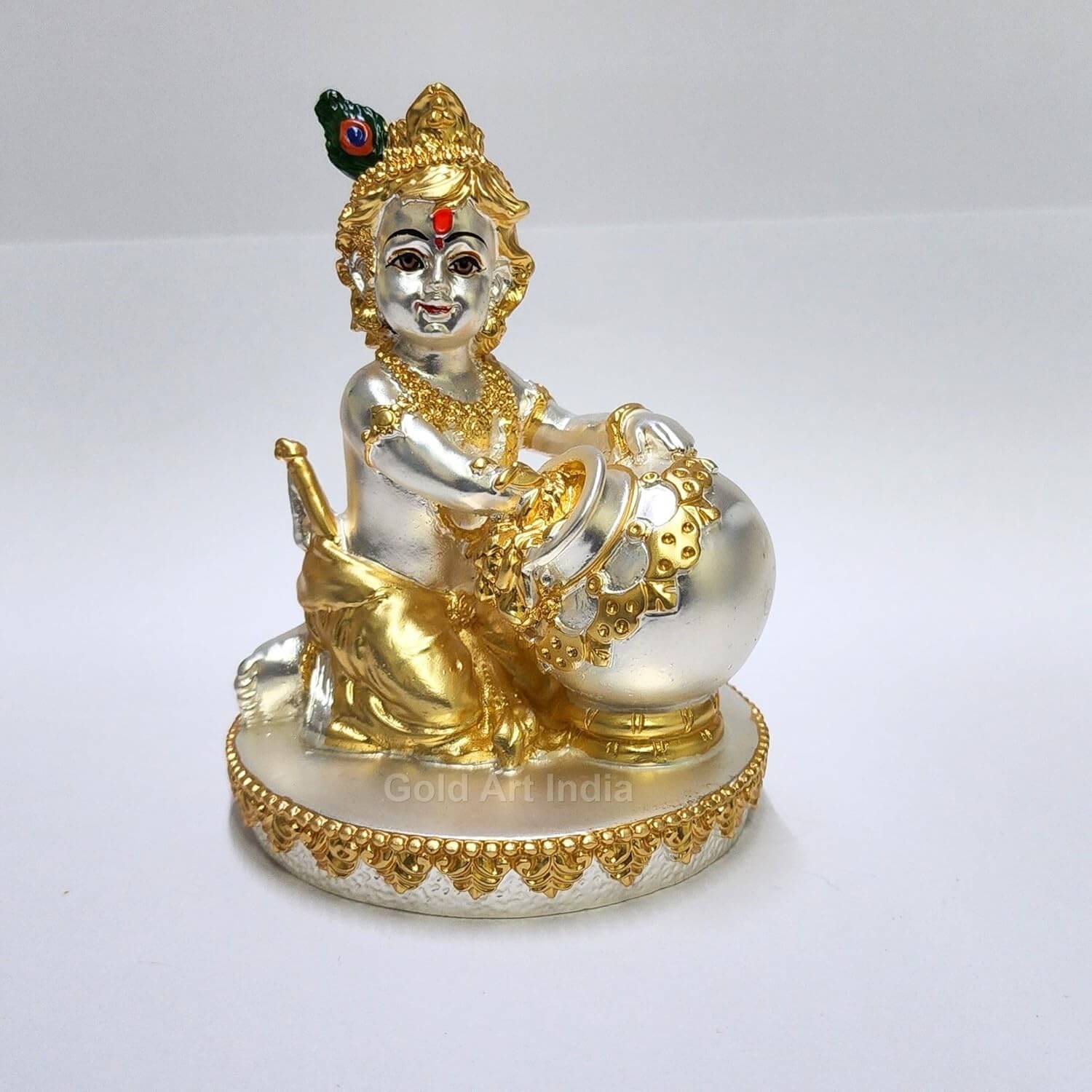Gold and silver Plated matte Finish Makhan  Krishna idol , sitting with a butter pot, size 4 x 3 inches