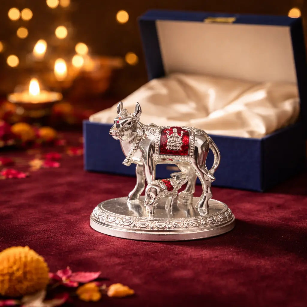 Kamdhenu Cow and Calf Idol – Silver Plated with Goddess Laxmi Symbol | 3 Inch Decorative Gift