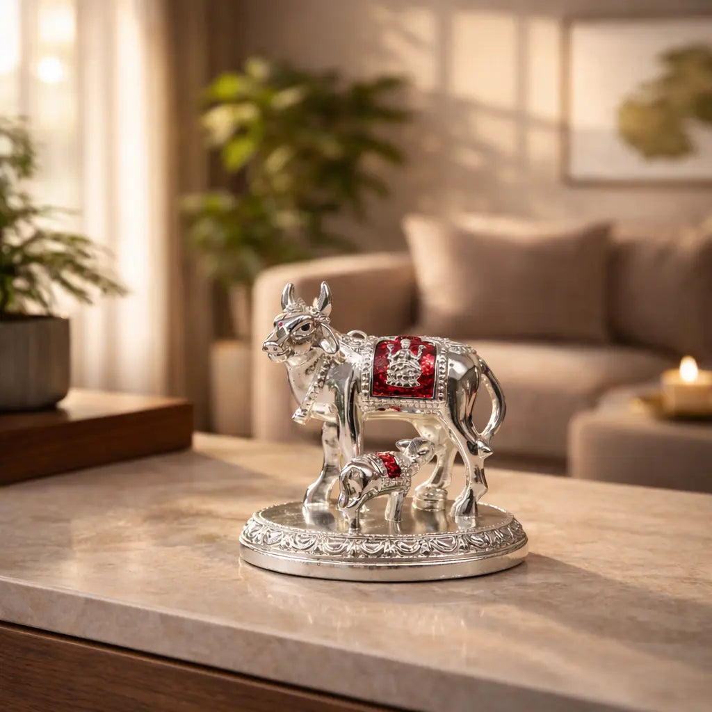 Kamdhenu Cow and Calf Idol – Silver Plated with Goddess Laxmi Symbol | 3 Inch Decorative Gift