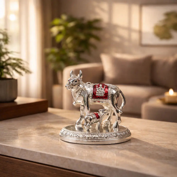 Kamdhenu Cow and Calf Idol – Silver Plated with Goddess Laxmi Symbol | 3 Inch Decorative Gift