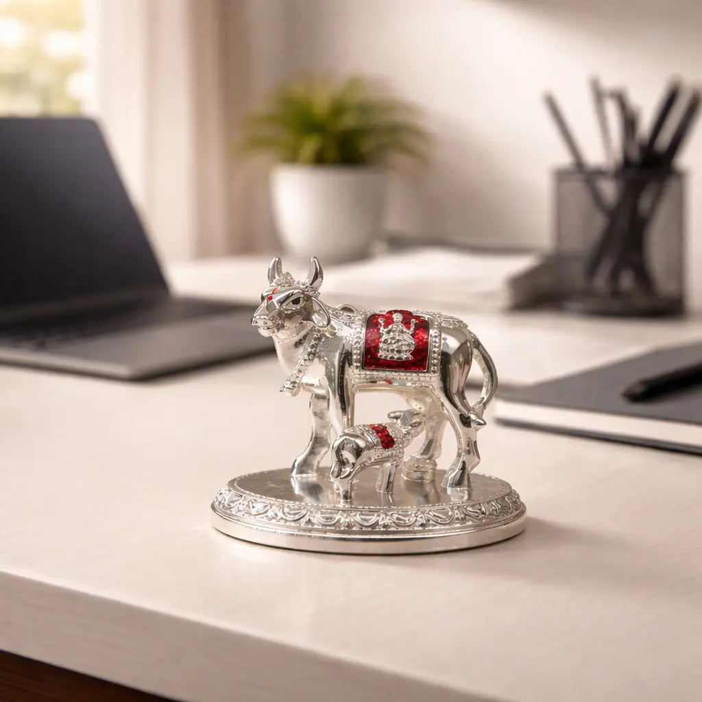 Kamdhenu Cow and Calf Idol – Silver Plated with Goddess Laxmi Symbol | 3 Inch Decorative Gift