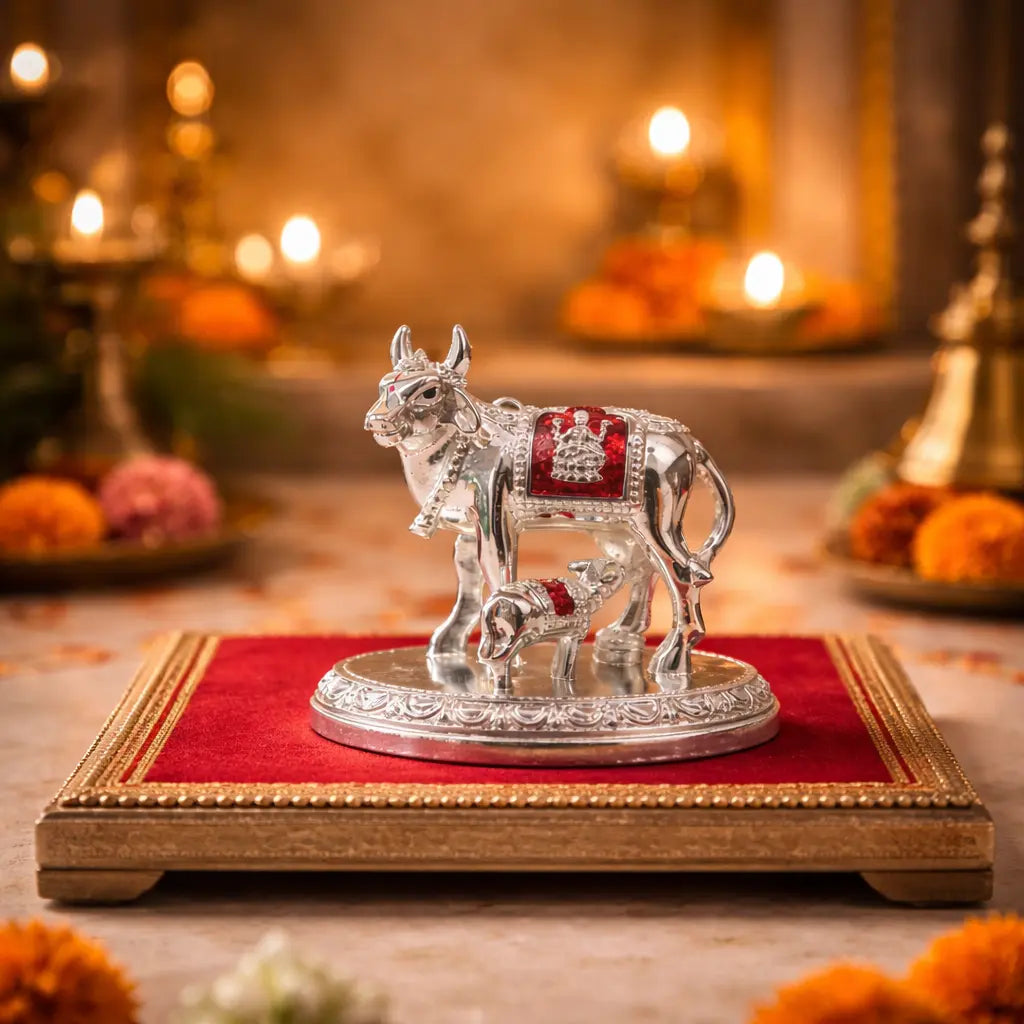 Kamdhenu Cow and Calf Idol – Silver Plated with Goddess Laxmi Symbol | 3 Inch Decorative Gift