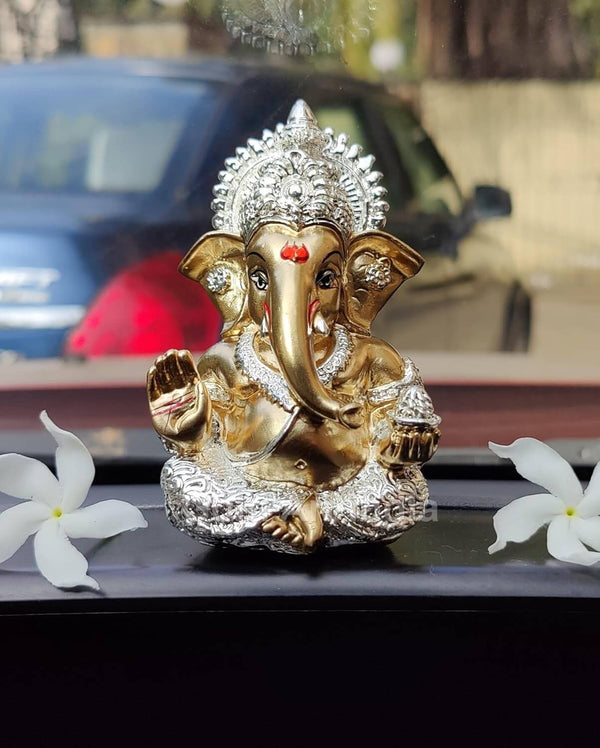 Silver Plated Antique Gold Ganesha Idol for Car Dashboard & Home | Gold Art India