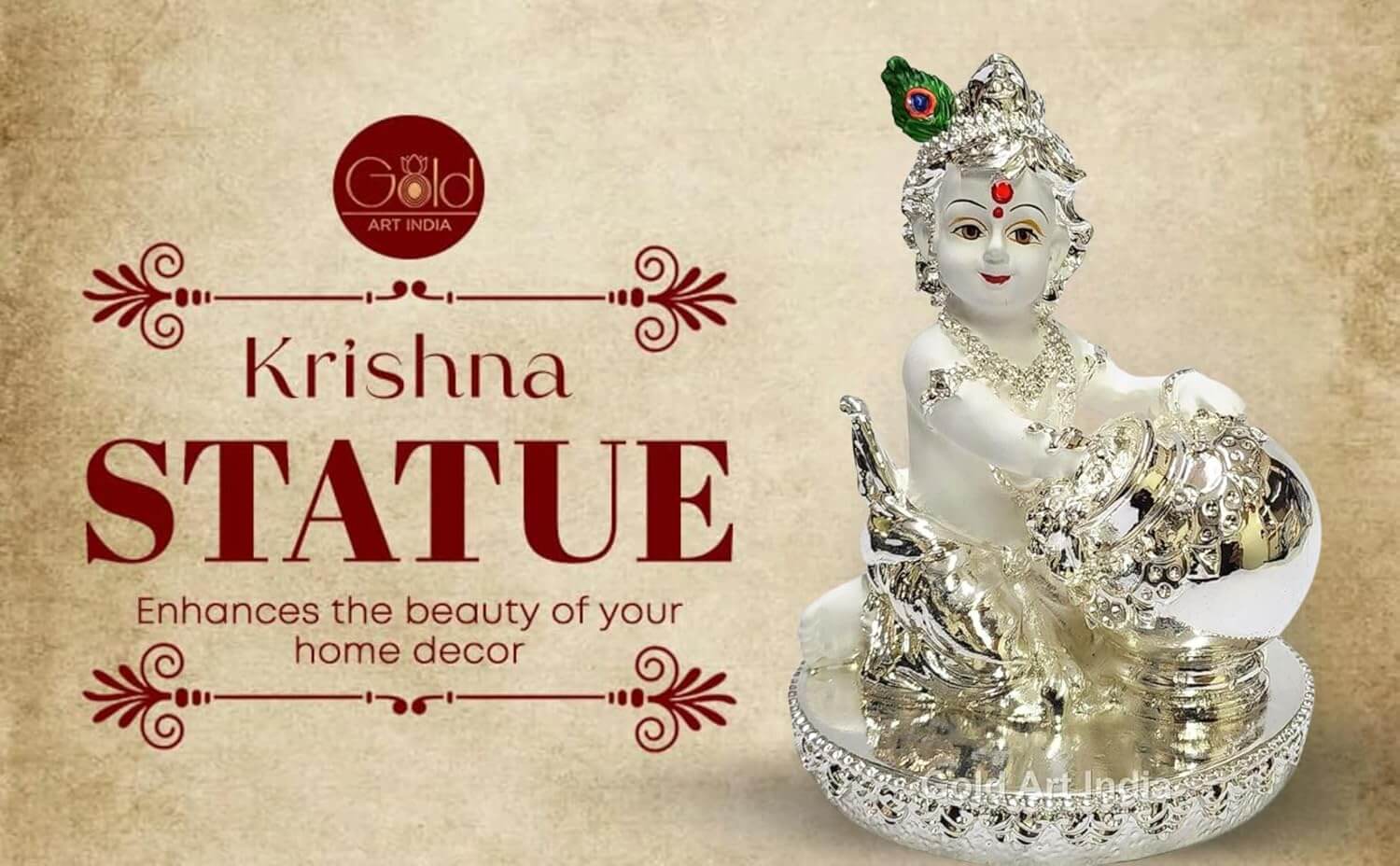 Silver plated white color makhan krishna idol sitting with a butter pot des