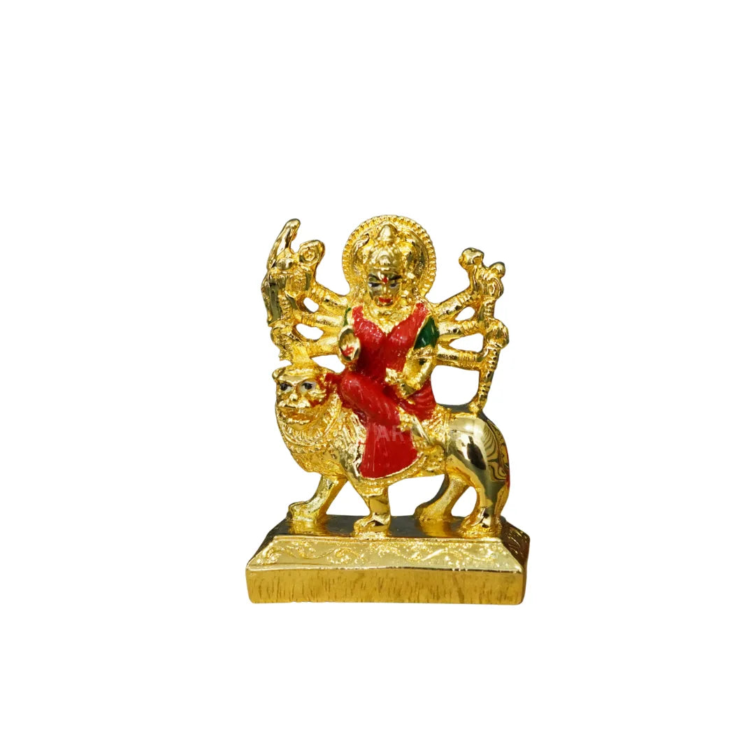 Alternate front view of handcrafted Small Ambe Maa Idol riding lion with gold plating and multicolour attire 