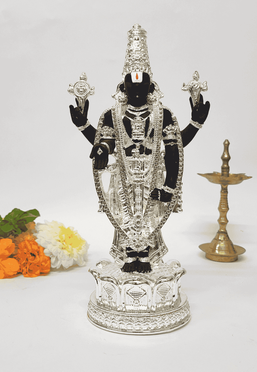 Black  Terraotta and silver Plaed  Lord Balaji idol, elegantly adorned with intricate silver detailing, standing on an Silver plated beautiful lotus.