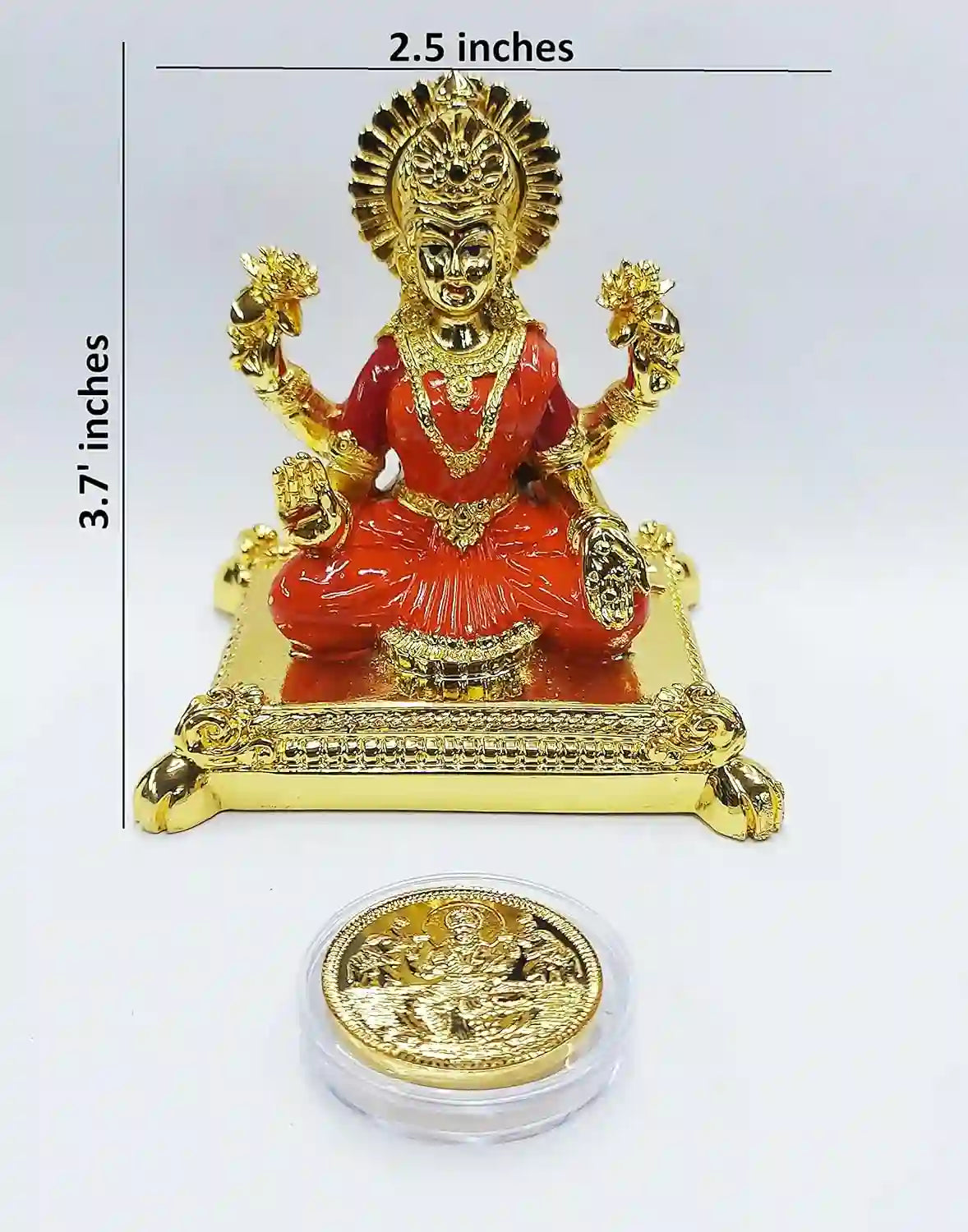 Lakshmi Maa Idol silver plated with orange & red enamel work, shown with gold-plated coin – handcrafted Hindu deity statue (3.7 × 2.5 inch) 
