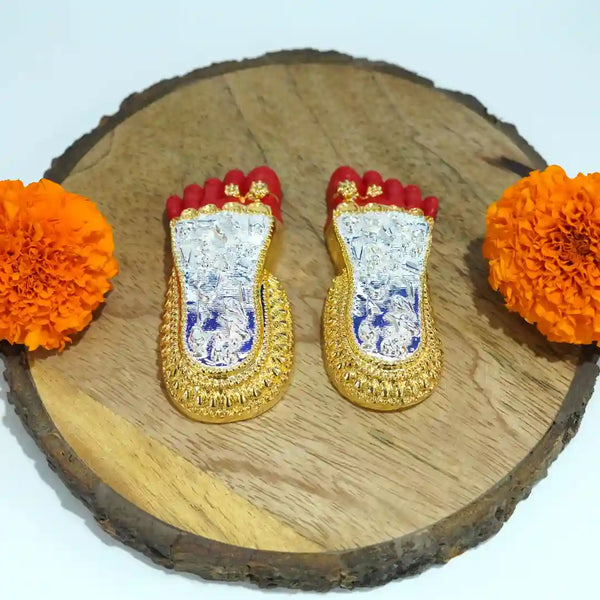 Shri Laxmi Charan Paduka Gold Silver Plated Red | Bhagyam Lakshmi Charan Idol Maa Lakshmi Blessings Feet for Office Home Décor Temple Ideal for Laxmi Puja Housewarming Gifts (4.5" Inch)
