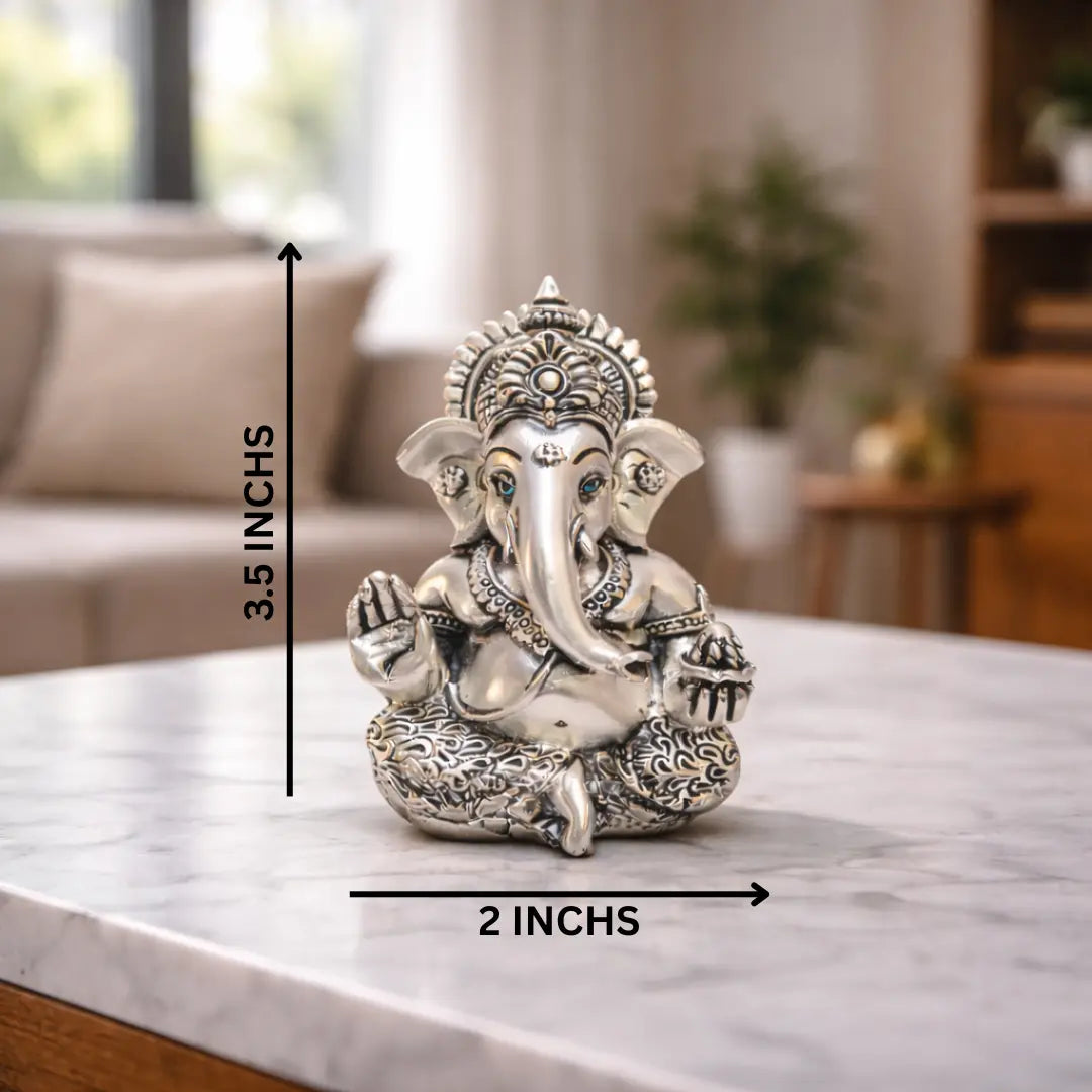 LORD GANESHA : Silver Plated Antique Matte Finish Ganesha Idol | Office Decor| Car & Home Decor | Perfect Gift