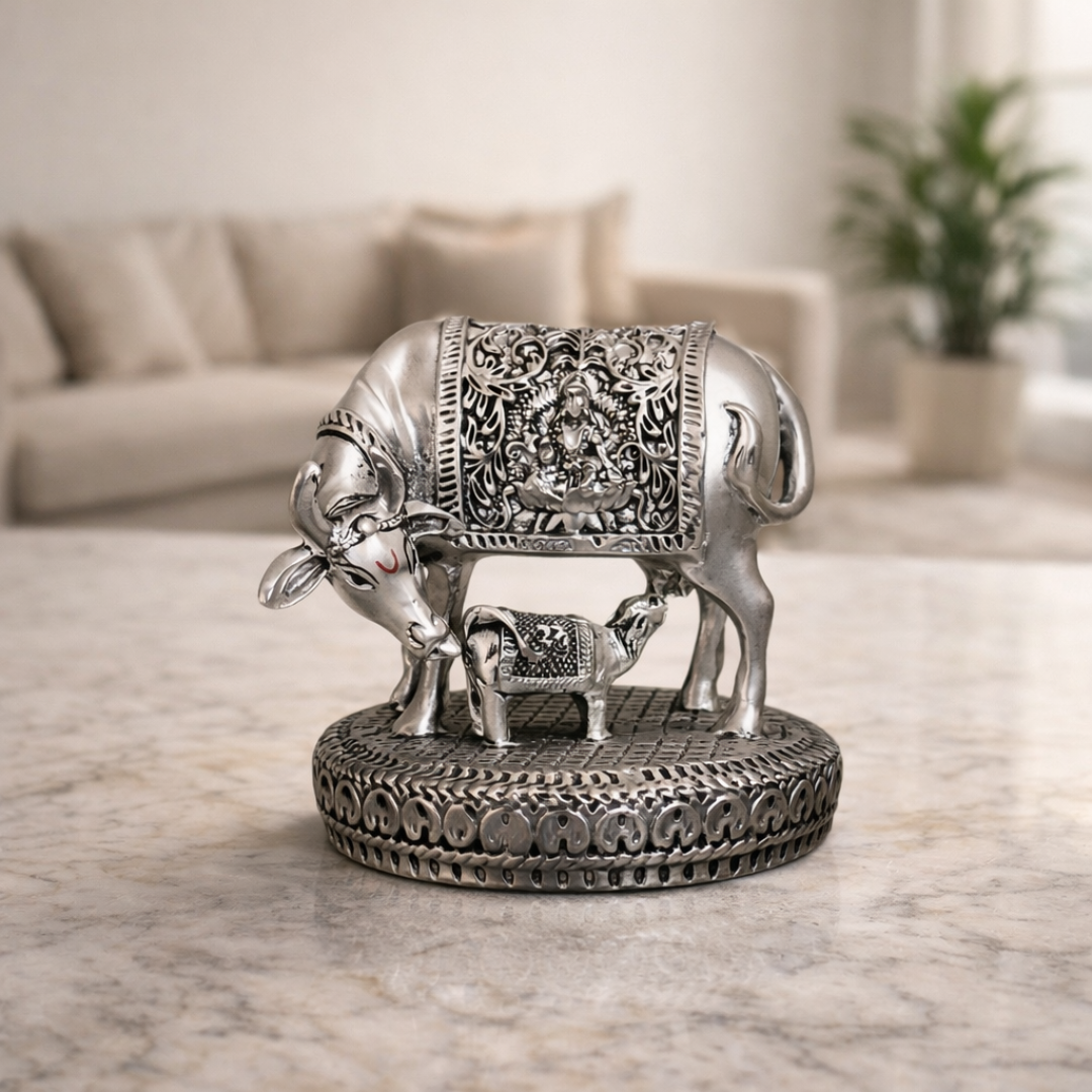 Kamdhenu Cow & Calf Idol – Antique Silver Plated Finish (2.5 × 2.5 Inch)