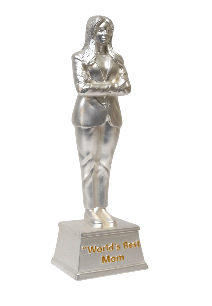 A silver Plated matte finish "World's Best Mom" trophy featuring a woman in a suit with arms crossed.