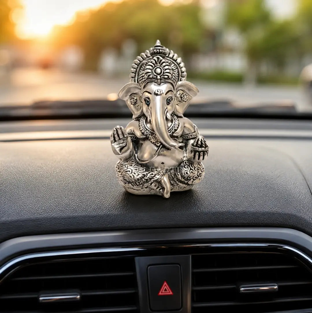 Gold Art India Ganesha Idol – Silver Plated Antique Matte Finish Ganpati Murti with Premium Velvet Gift Box | Home Temple, Office Desk, Car Dashboard & Spiritual Gifting (3.5 Inch)