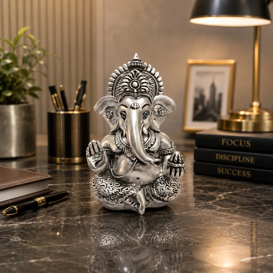 Gold Art India Ganesha Idol – Silver Plated Antique Matte Finish Ganpati Murti with Premium Velvet Gift Box | Home Temple, Office Desk, Car Dashboard & Spiritual Gifting (3.5 Inch)