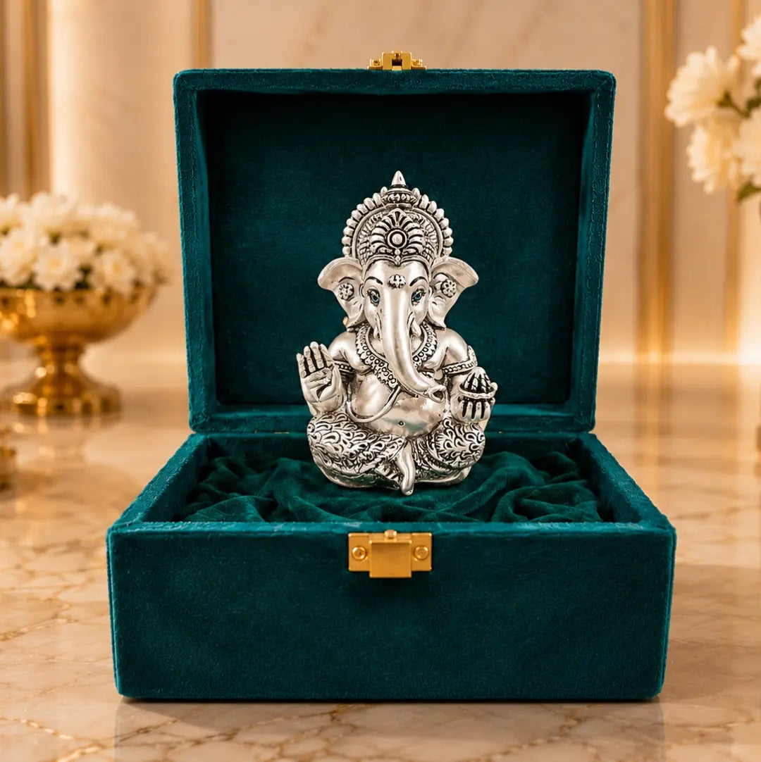 Gold Art India Ganesha Idol – Silver Plated Antique Matte Finish Ganpati Murti with Premium Velvet Gift Box | Home Temple, Office Desk, Car Dashboard & Spiritual Gifting (3.5 Inch)