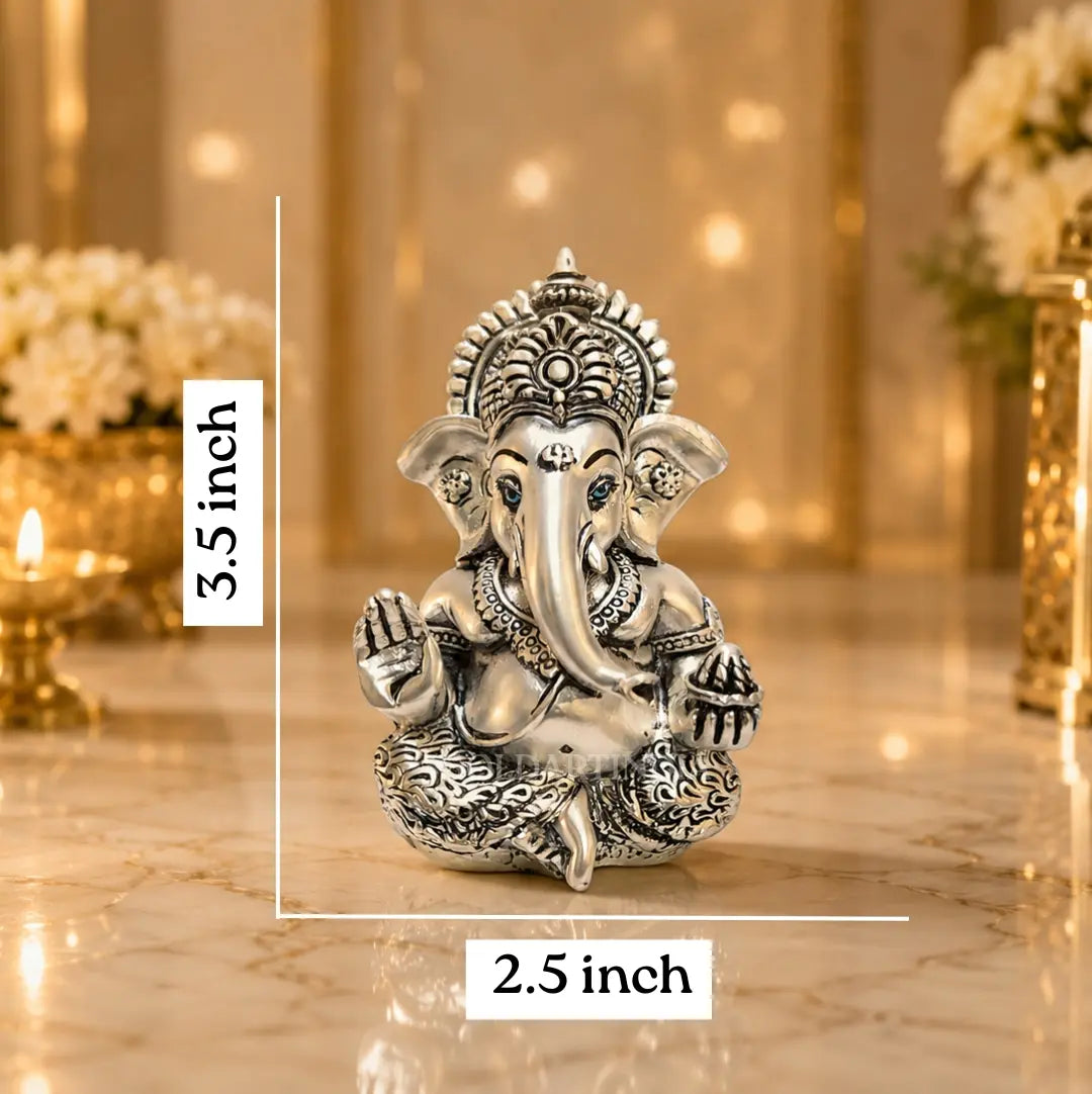 Gold Art India Ganesha Idol – Silver Plated Antique Matte Finish Ganpati Murti with Premium Velvet Gift Box | Home Temple, Office Desk, Car Dashboard & Spiritual Gifting (3.5 Inch)