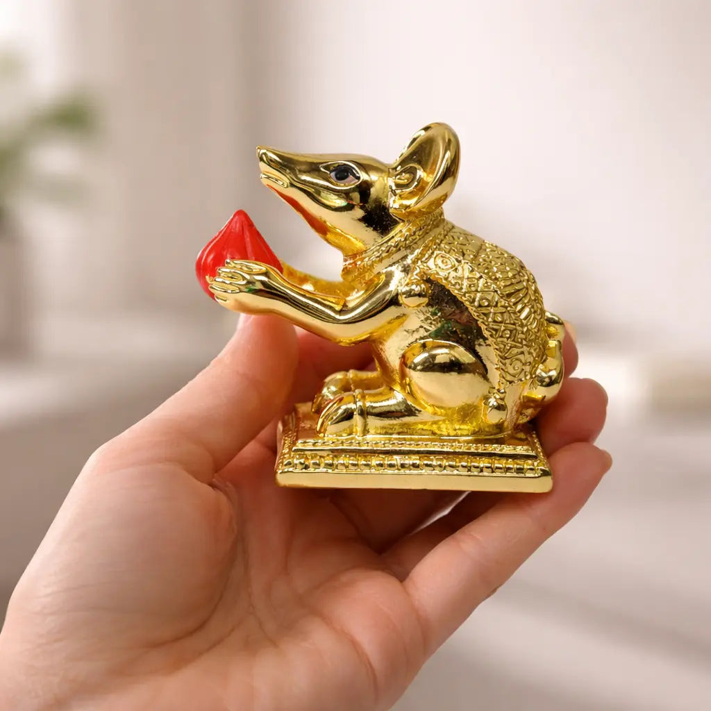 Gold-Plated Mushak (Mooshak) Idol with Modak | Orange Terracotta Finish | Ganesha Vahana