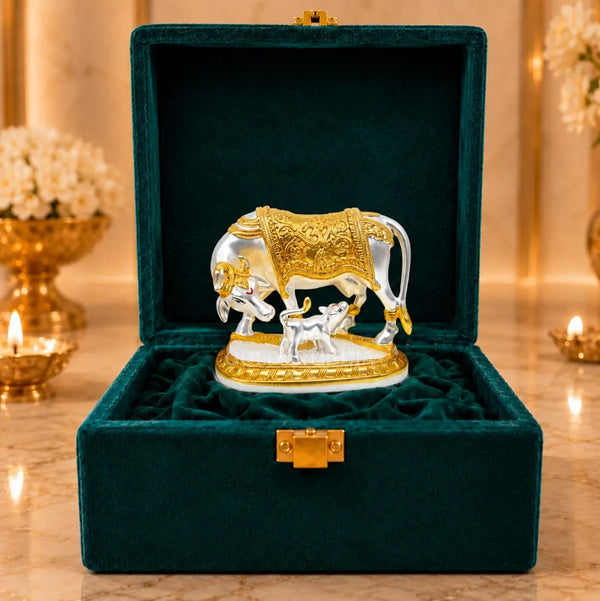 Gold Art India Kamdhenu Cow & Calf Idol | Gold & Silver Plated Matte Finish | Premium Velvet Gift Box