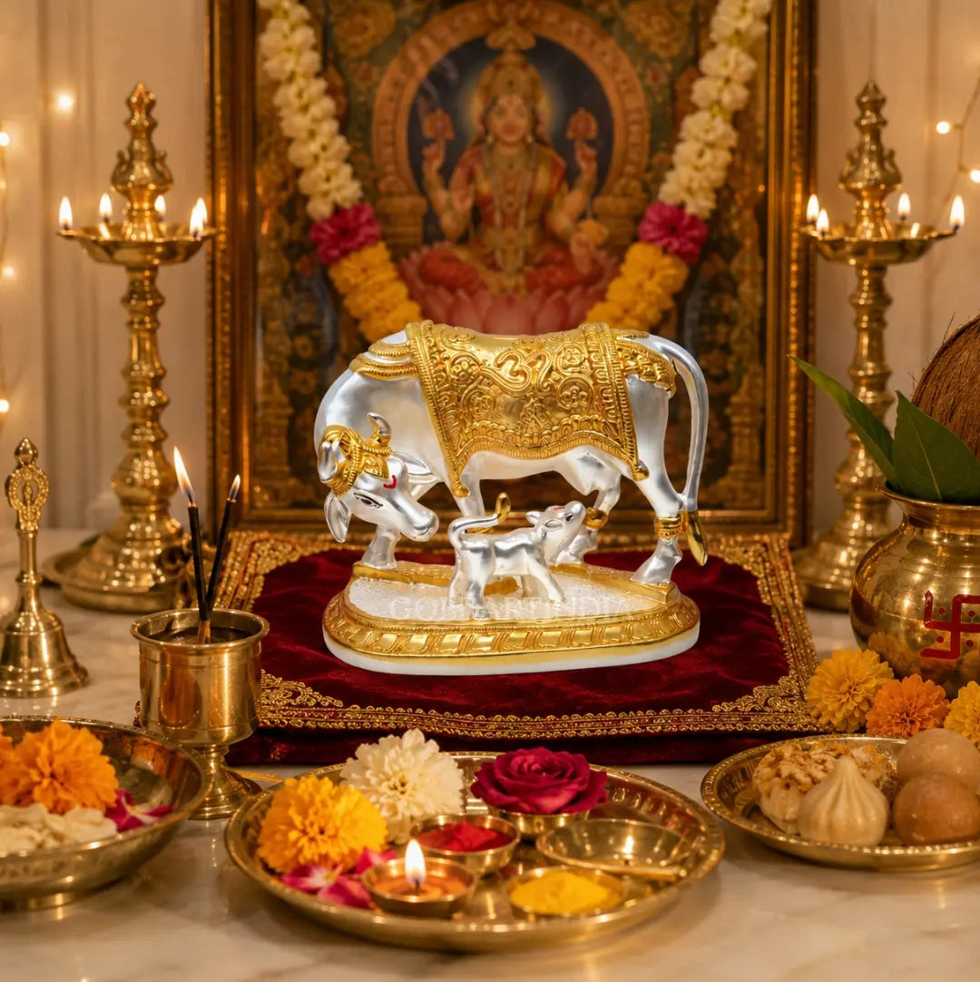 Gold Art India Kamdhenu Cow & Calf Idol | Gold & Silver Plated Matte Finish | Premium Velvet Gift Box