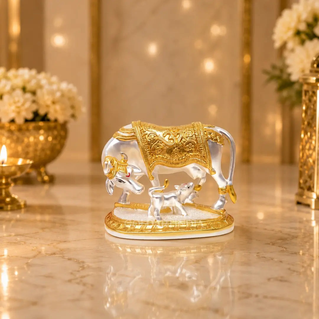 Gold Art India Kamdhenu Cow & Calf Idol | Gold & Silver Plated Matte Finish | Premium Velvet Gift Box