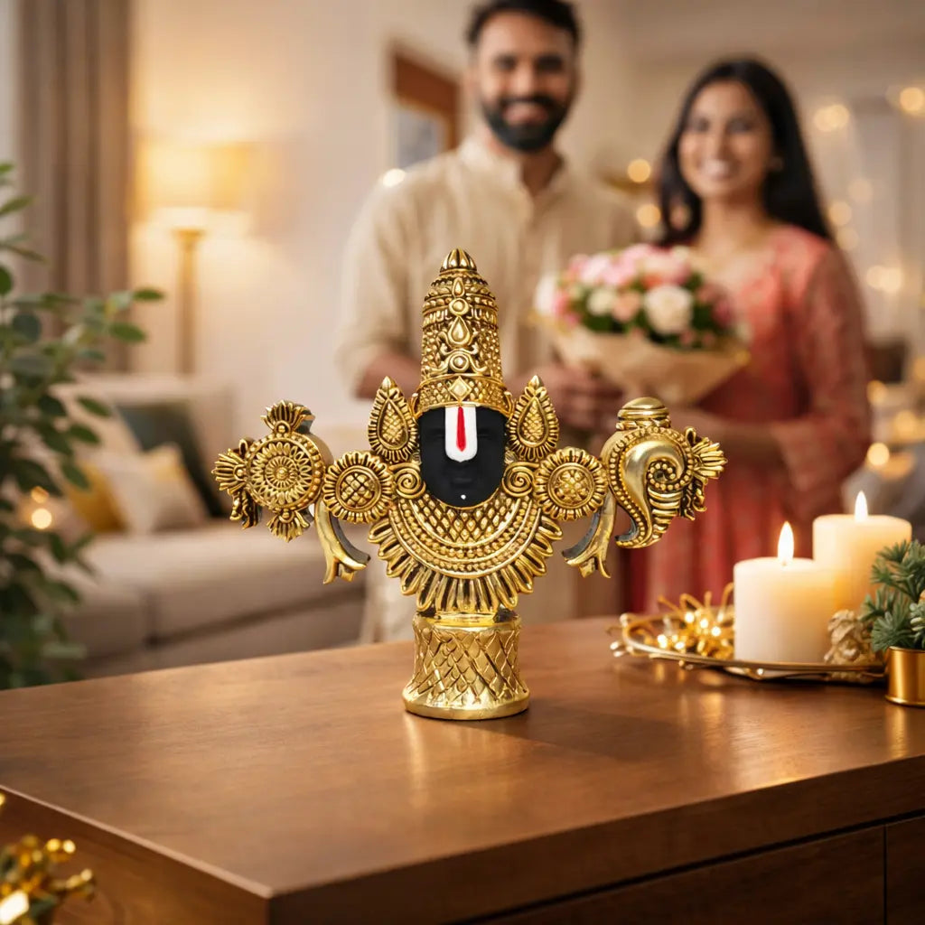 Lord Balaji Face Idol Antique Gold Plated – 4.5 Inch for Home Temple & Office Décor