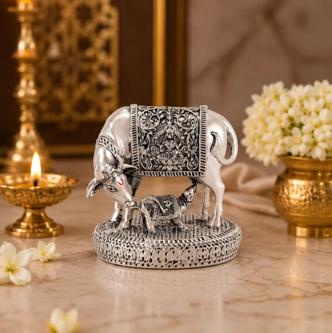 Gold Art India Kamdhenu Cow with Calf Idol | 999 Silver Plated | Premium Velvet Gift Box