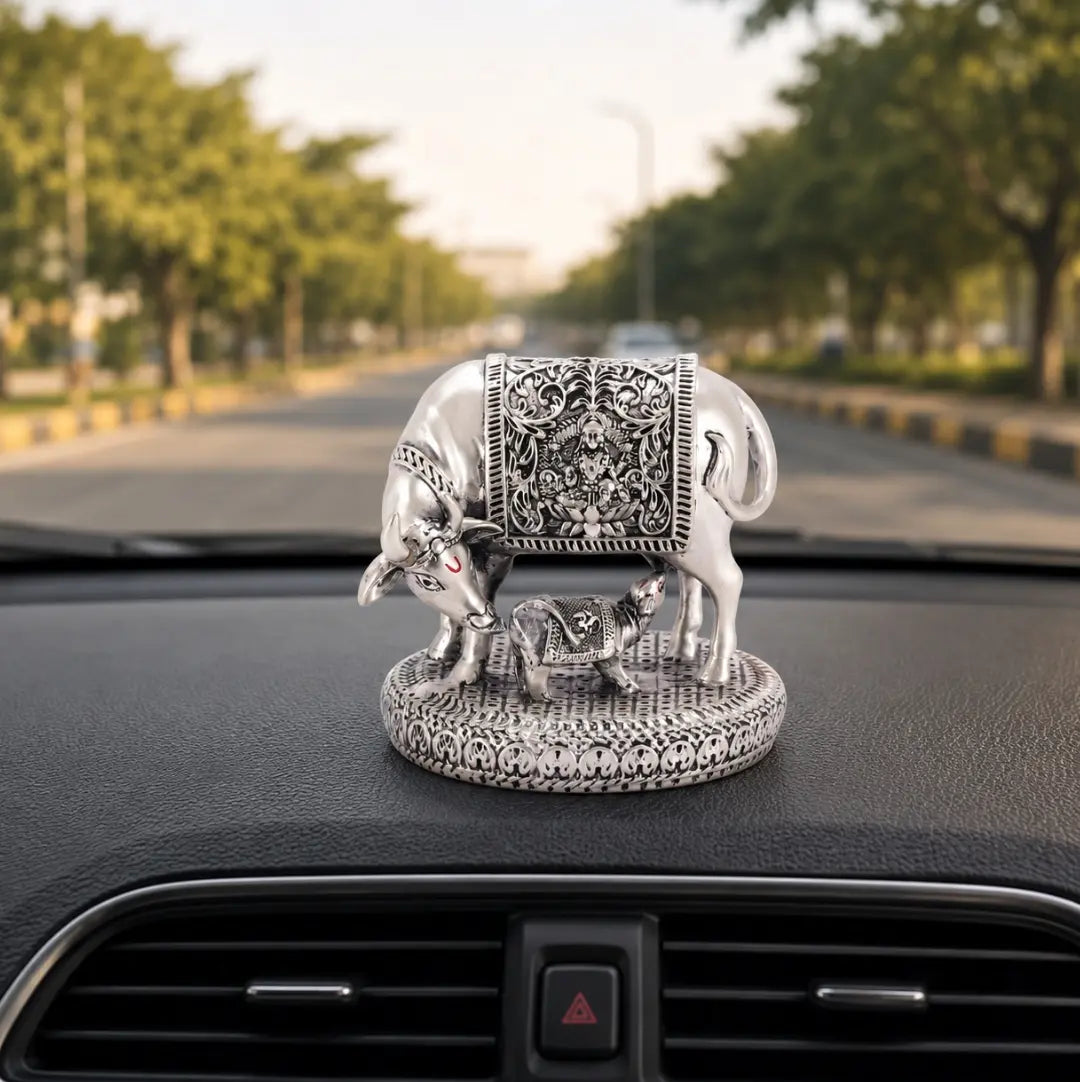 Gold Art India Kamdhenu Cow with Calf Idol | 999 Silver Plated | Premium Velvet Gift Box