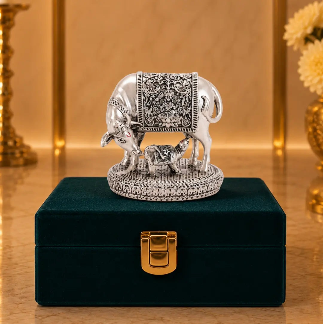 Gold Art India Kamdhenu Cow with Calf Idol | 999 Silver Plated | Premium Velvet Gift Box