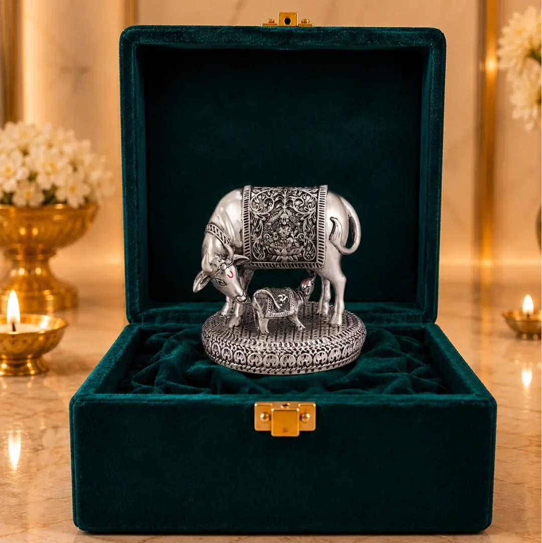 Gold Art India Kamdhenu Cow with Calf Idol | 999 Silver Plated | Premium Velvet Gift Box