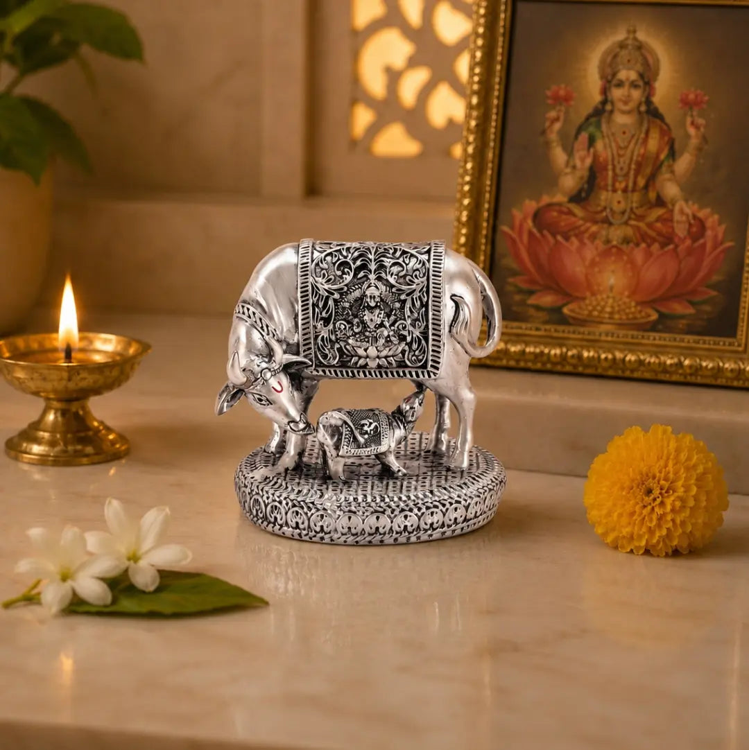 Gold Art India Kamdhenu Cow with Calf Idol | 999 Silver Plated | Premium Velvet Gift Box