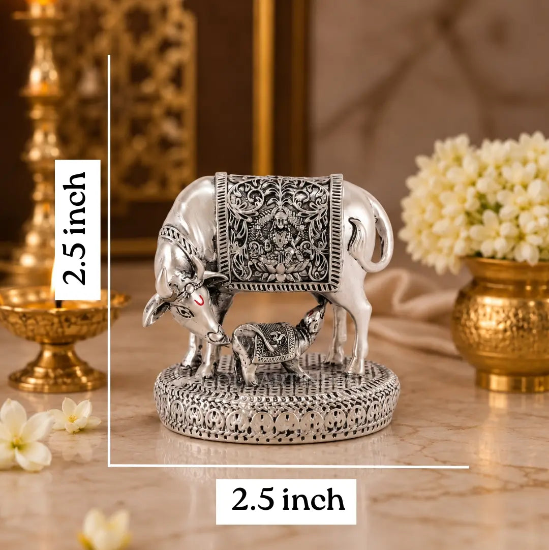 Gold Art India Kamdhenu Cow with Calf Idol | 999 Silver Plated | Premium Velvet Gift Box