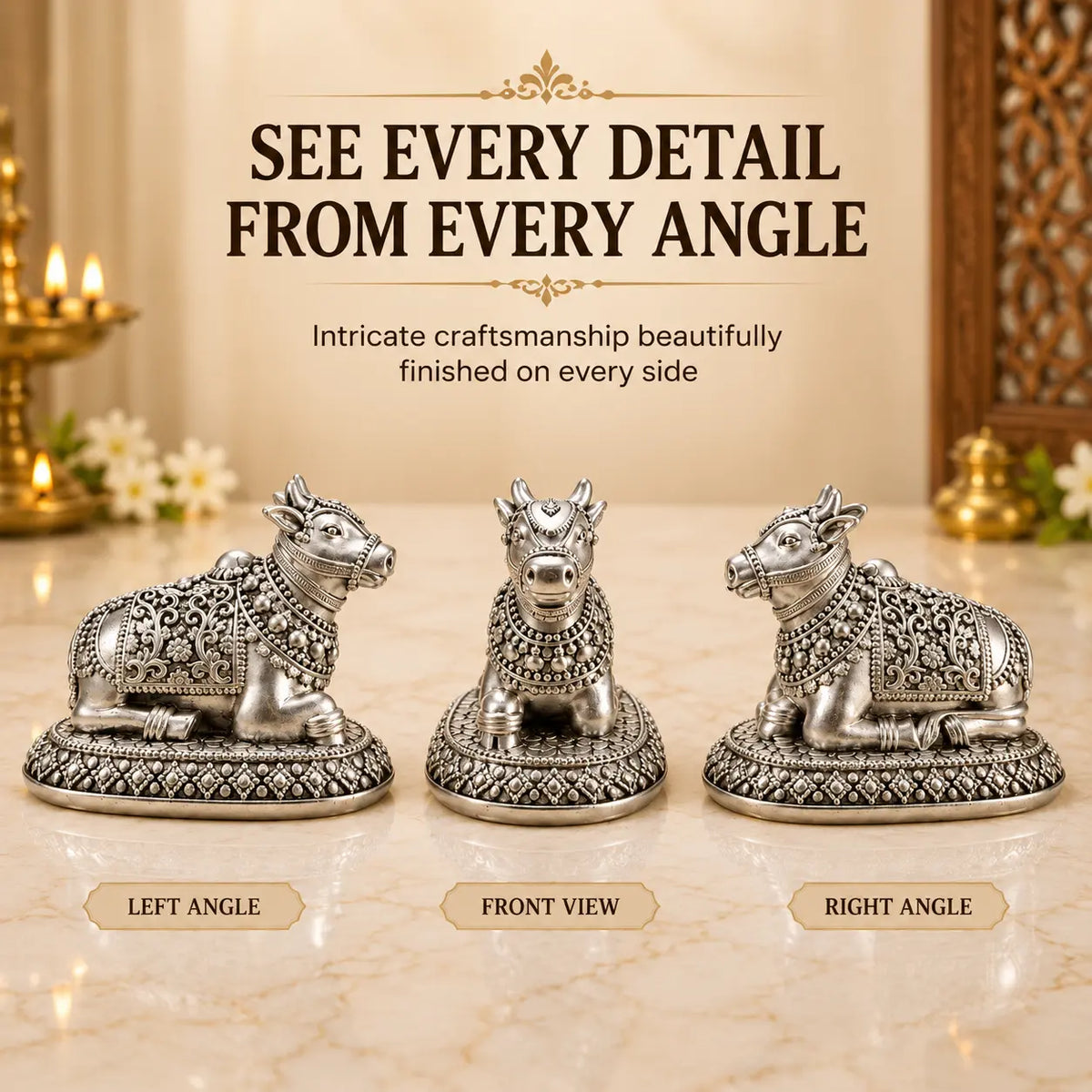 999 Silver Plated Antique Nandi Ji Idol – 3 Inch | Nandi Maharaj Murti for Home Temple & Pooja Room | Lord Shiva Sacred Bull Statue