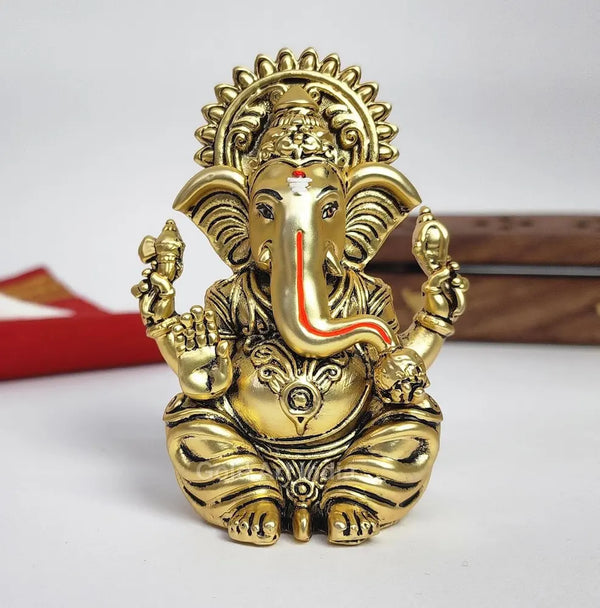 Vakratunda Ganesha Idol – 3.7 Inch Gold Plated Murti with Antique Matte Finish | Ganesh Idol for Home Décor, Car Dashboard & Gifts