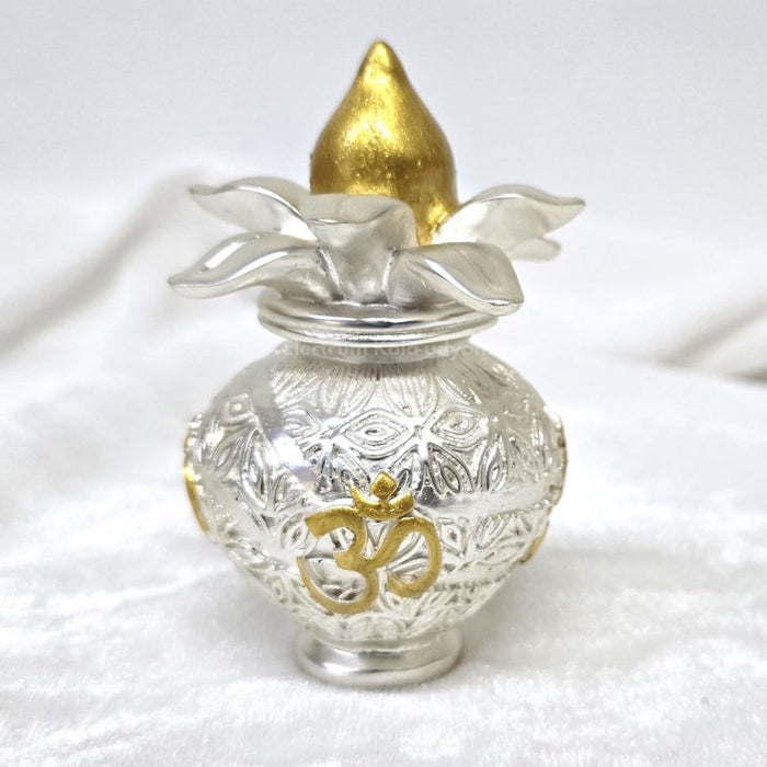 Silver matte plated puja kalash with gold Om symbol and coconut, feature callouts