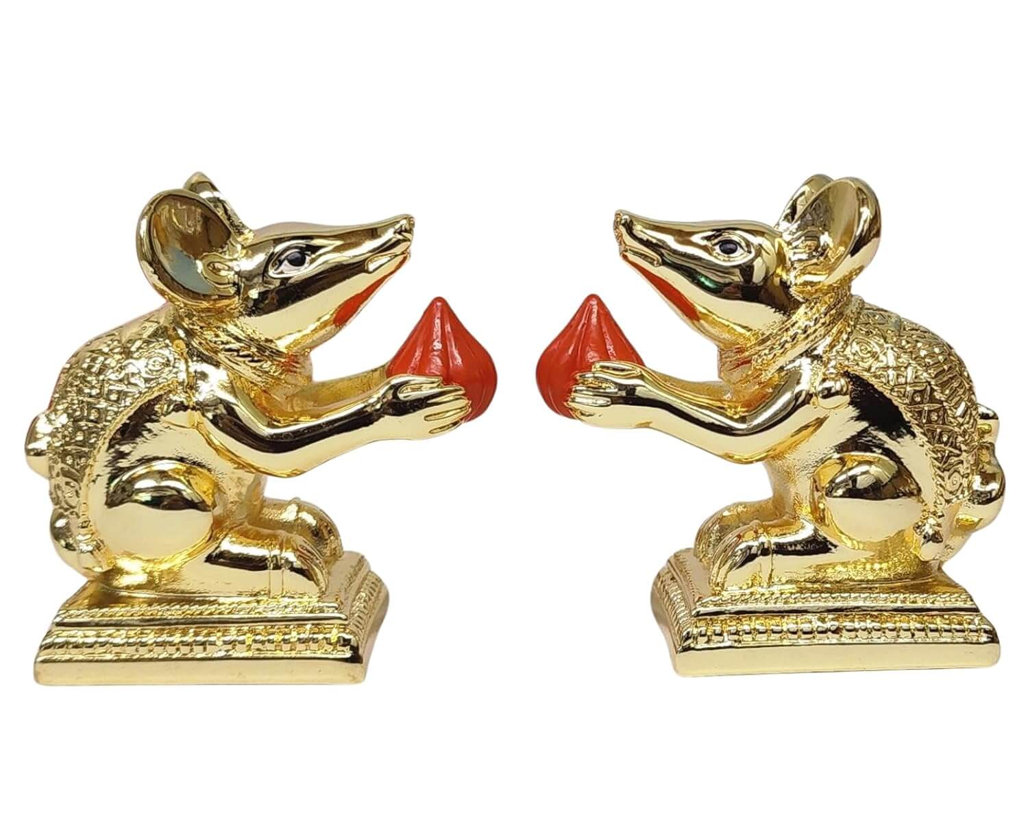 Gold-plated Mushak mouse pair holding modaks, ideal for pooja and spiritual decor.