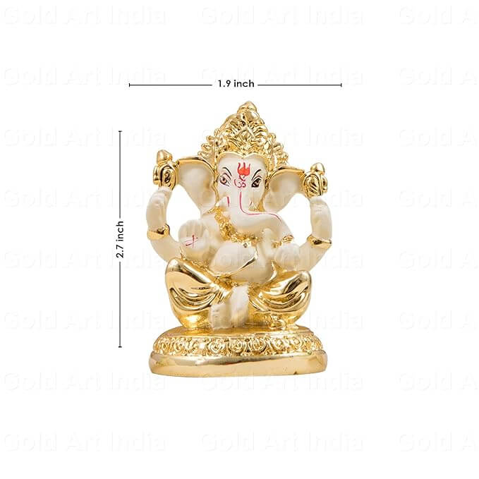 Gold plated Ganesha idol, 2.7 inches tall, perfect for home and office decor, showcasing traditional craftsmanship.