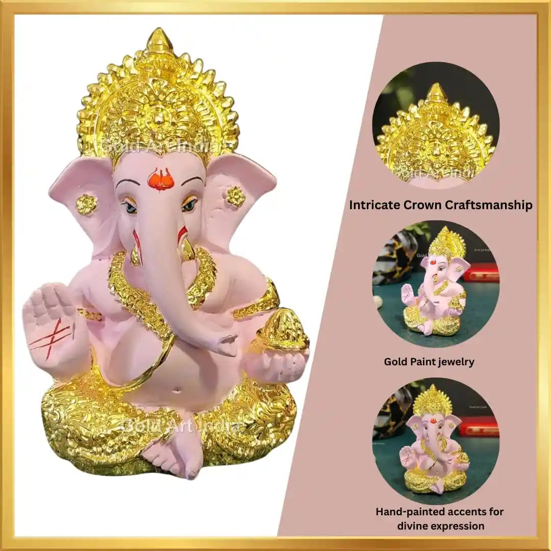 Front view of a white and gold Lord Ganesha idol with intricate detailing, a blessing hand, and a modak in the other. with specification.