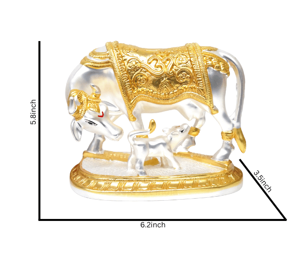 Gold Art India Kamadhenu cow and calf idol with gold and silver detailing, featuring traditional carvings and spiritual symbols. Dimensions: 6.2 inches (L) x 5.8 inches (H) x 3.5 inches (W). Ideal for home decor, puja rituals, and gifting.