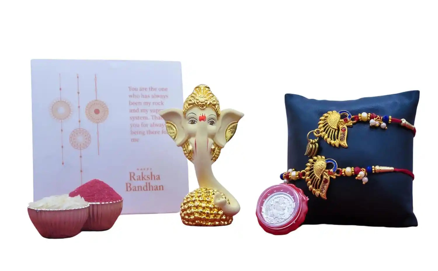 gold plated ladoo ganesh rakhi gift set white background
